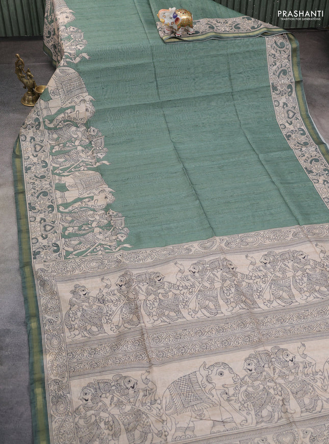 Art linen saree pastel green and beige with plain body and kalamkari printed pallu