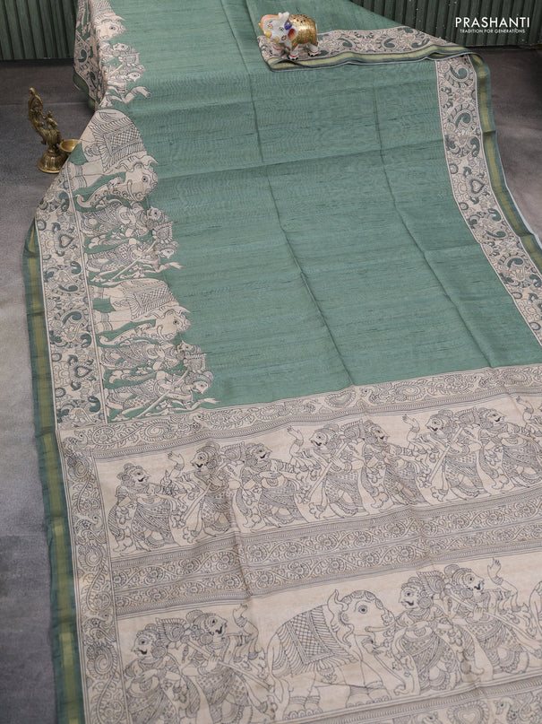 Art linen saree pastel green and beige with plain body and kalamkari printed pallu