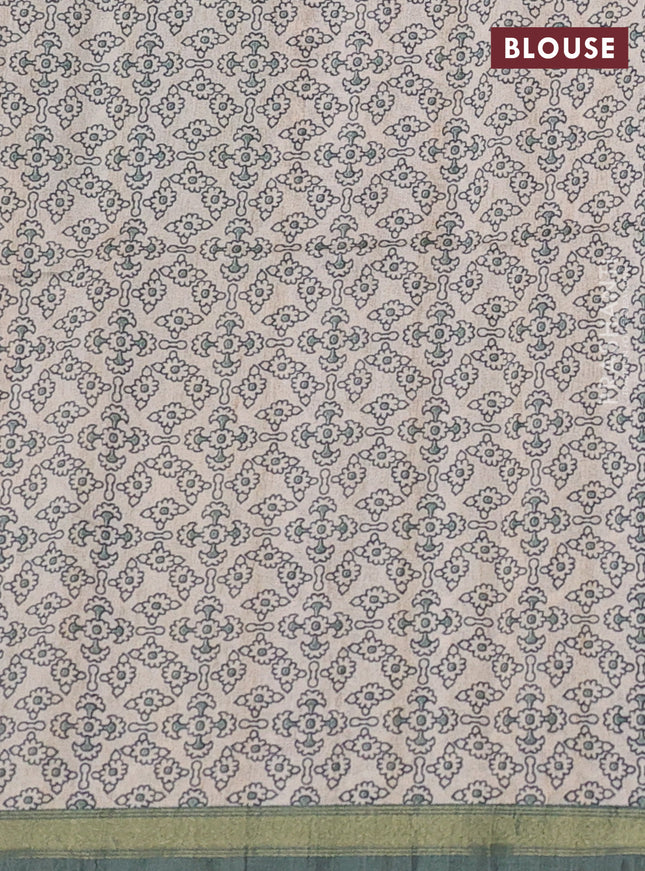 Art linen saree pastel green and beige with plain body and kalamkari printed pallu