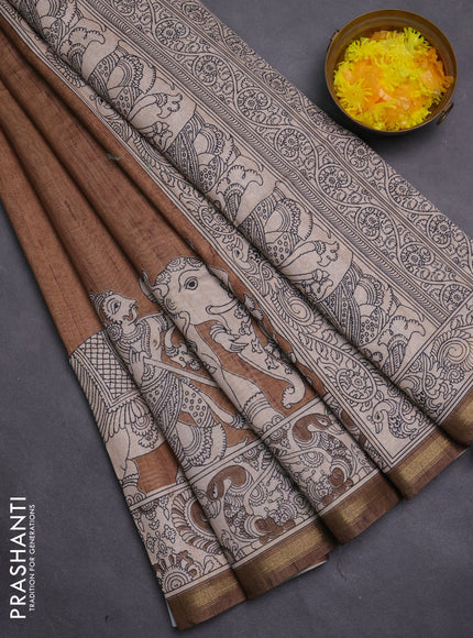 Art linen saree dark mustard and beige with plain body and kalamkari printed pallu