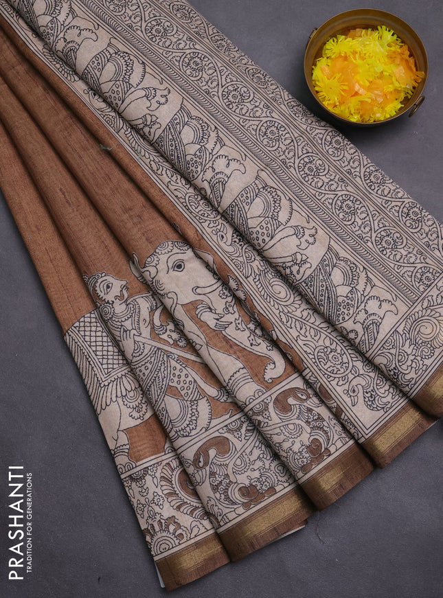 Art linen saree dark mustard and beige with plain body and kalamkari printed pallu