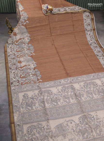 Art linen saree dark mustard and beige with plain body and kalamkari printed pallu