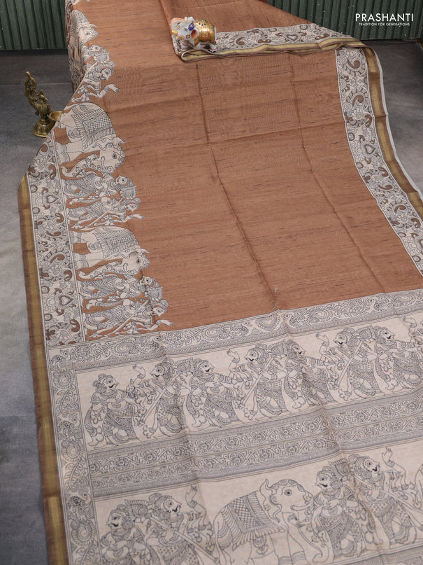 Art linen saree dark mustard and beige with plain body and kalamkari printed pallu