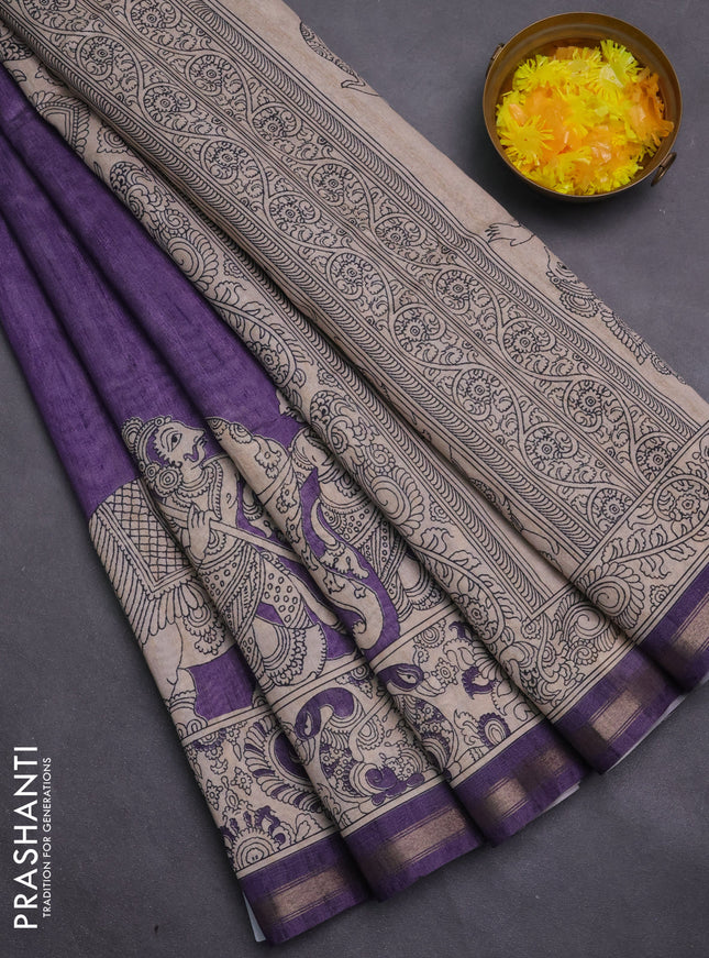 Art linen saree purple and beige with plain body and kalamkari printed pallu