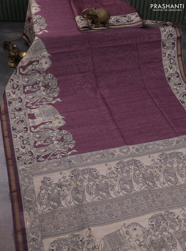 Art linen saree rosy brown and beige with plain body and kalamkari printed pallu