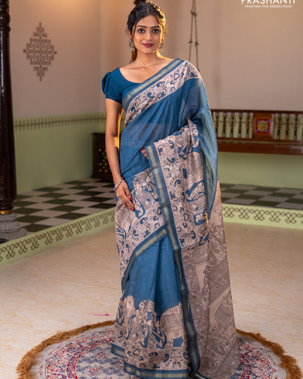 Art linen saree blue and beige with plain body and kalamkari printed pallu