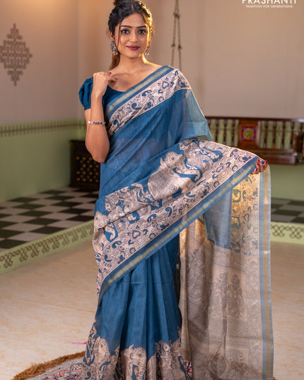 Art linen saree blue and beige with plain body and kalamkari printed pallu