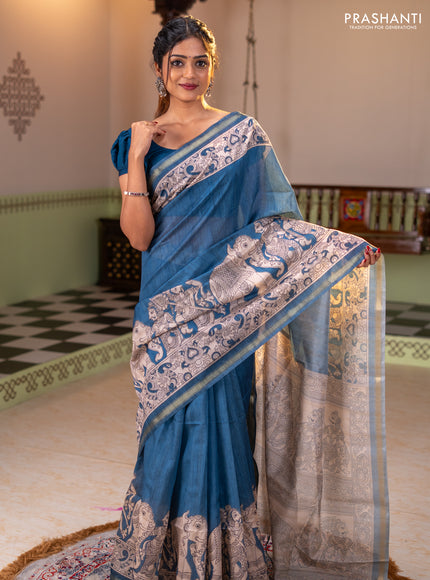 Art linen saree blue and beige with plain body and kalamkari printed pallu