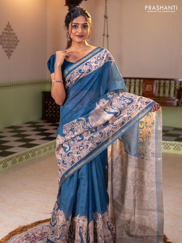Art linen saree blue and beige with plain body and kalamkari printed pallu