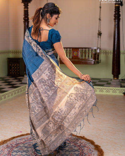 Art linen saree blue and beige with plain body and kalamkari printed pallu