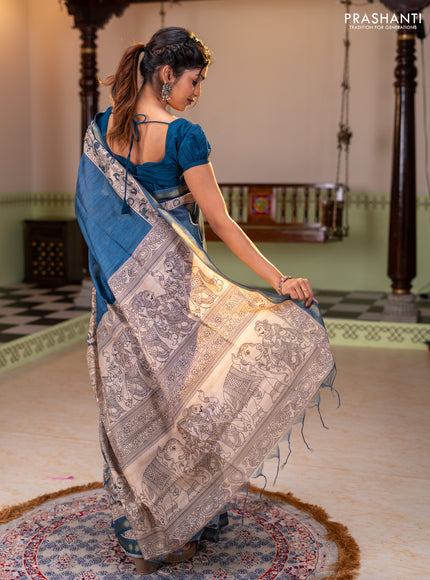 Art linen saree blue and beige with plain body and kalamkari printed pallu
