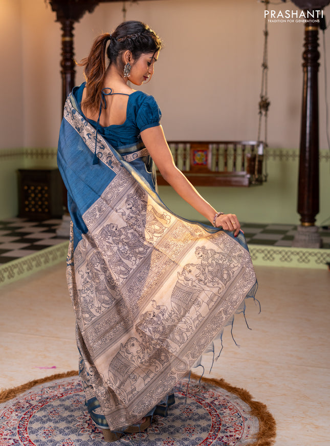 Art linen saree blue and beige with plain body and kalamkari printed pallu