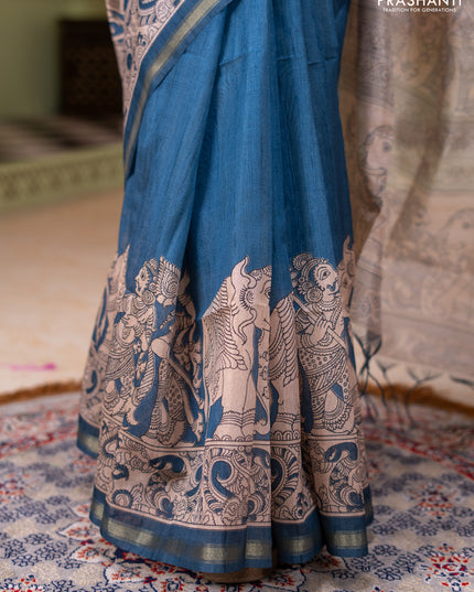 Art linen saree blue and beige with plain body and kalamkari printed pallu