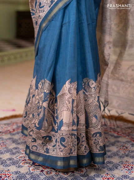Art linen saree blue and beige with plain body and kalamkari printed pallu