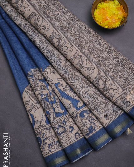 Art linen saree blue and beige with plain body and kalamkari printed pallu