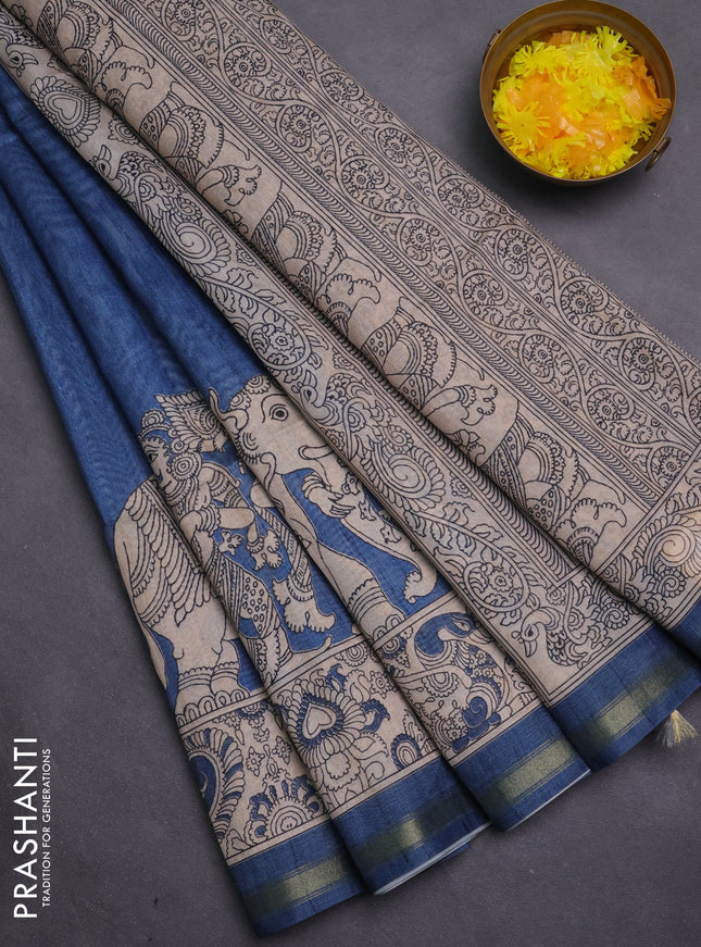 Art linen saree blue and beige with plain body and kalamkari printed pallu