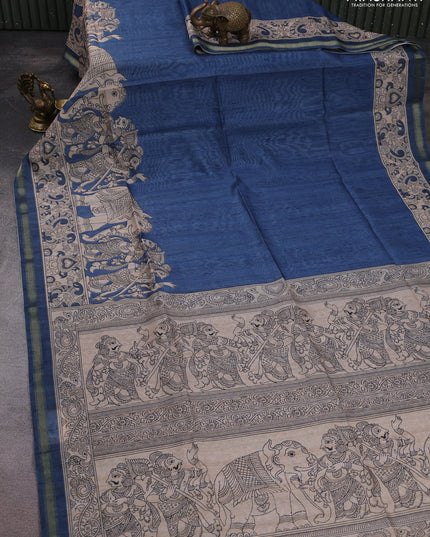 Art linen saree blue and beige with plain body and kalamkari printed pallu
