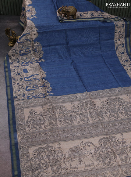 Art linen saree blue and beige with plain body and kalamkari printed pallu