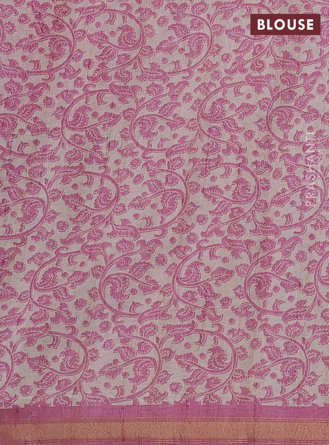 Art linen saree pink and beige with plain body and kalamkari printed pallu