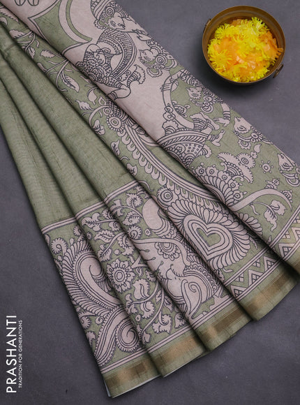 Art linen saree pastel green and beige with plain body and kalamkari printed pallu