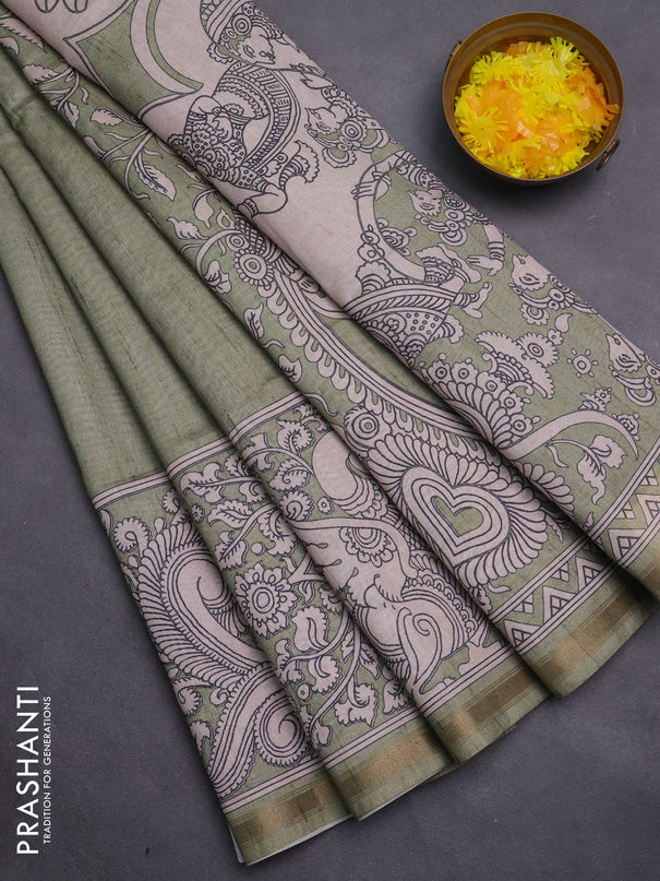 Art linen saree pastel green and beige with plain body and kalamkari printed pallu