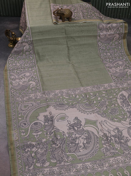 Art linen saree pastel green and beige with plain body and kalamkari printed pallu