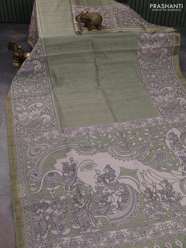 Art linen saree pastel green and beige with plain body and kalamkari printed pallu