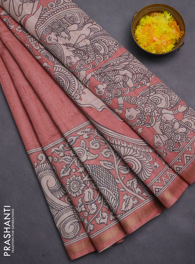 Art linen saree peach shade and beige with plain body and kalamkari printed pallu