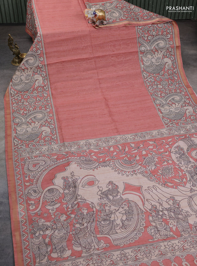 Art linen saree peach shade and beige with plain body and kalamkari printed pallu