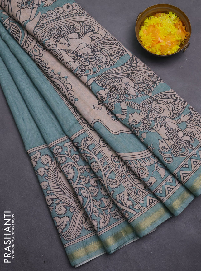 Art linen saree teal blue and beige with plain body and kalamkari printed pallu
