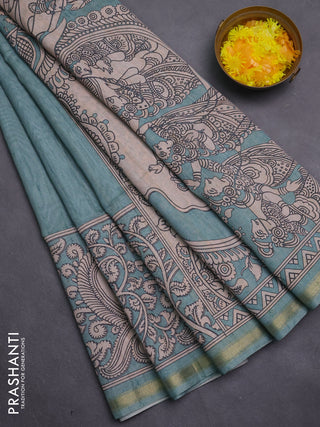 Art linen saree teal blue and beige with plain body and kalamkari printed pallu
