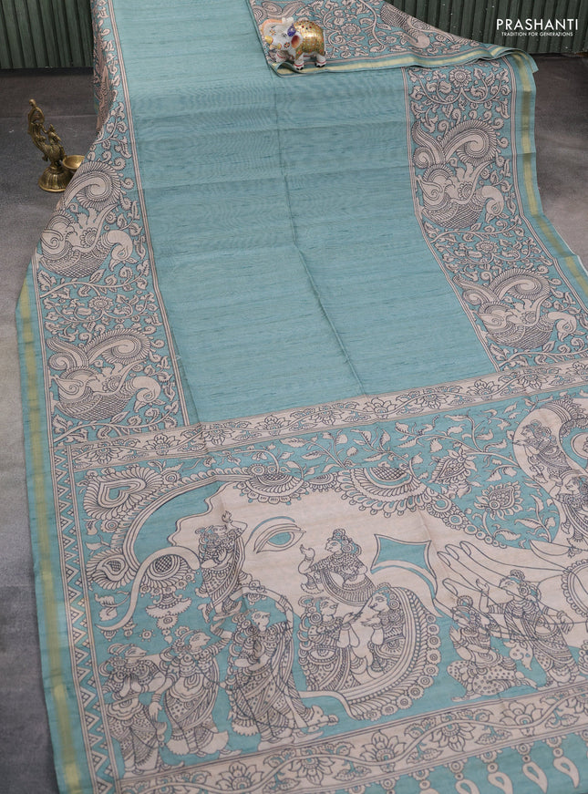 Art linen saree teal blue and beige with plain body and kalamkari printed pallu