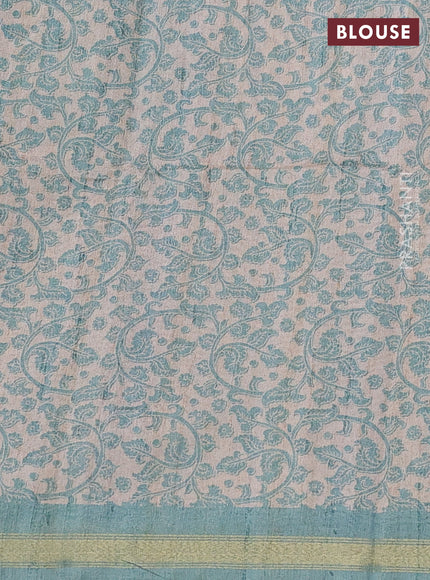 Art linen saree teal blue and beige with plain body and kalamkari printed pallu