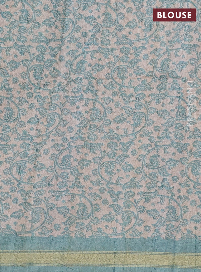 Art linen saree teal blue and beige with plain body and kalamkari printed pallu