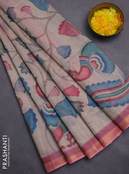 Art linen saree pink shade and beige with plain body and kalamkari printed pallu