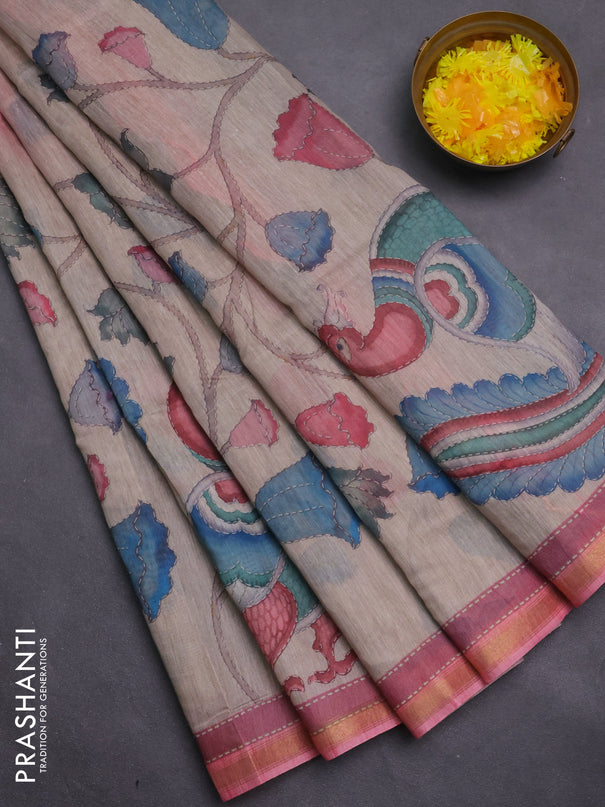 Art linen saree pink shade and beige with plain body and kalamkari printed pallu