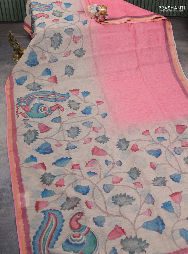 Art linen saree pink shade and beige with plain body and kalamkari printed pallu