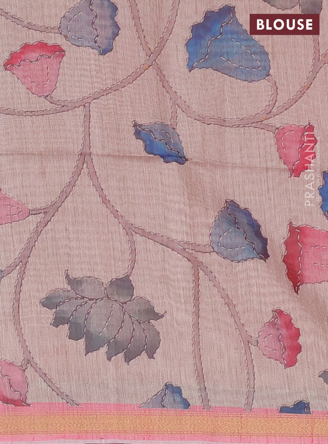 Art linen saree pink shade and beige with plain body and kalamkari printed pallu