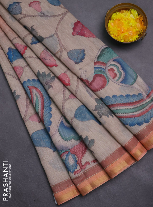 Art linen saree orange and beige with plain body and kalamkari printed pallu