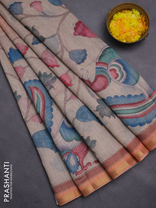 Art linen saree orange and beige with plain body and kalamkari printed pallu