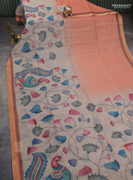 Art linen saree orange and beige with plain body and kalamkari printed pallu
