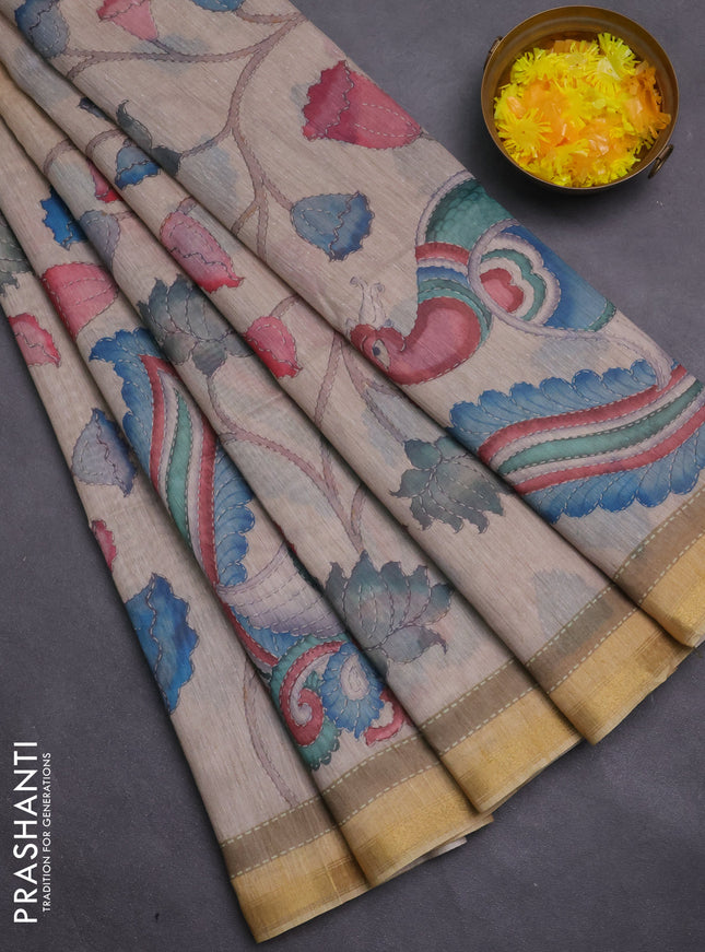 Art linen saree sandal and beige with plain body and kalamkari printed pallu