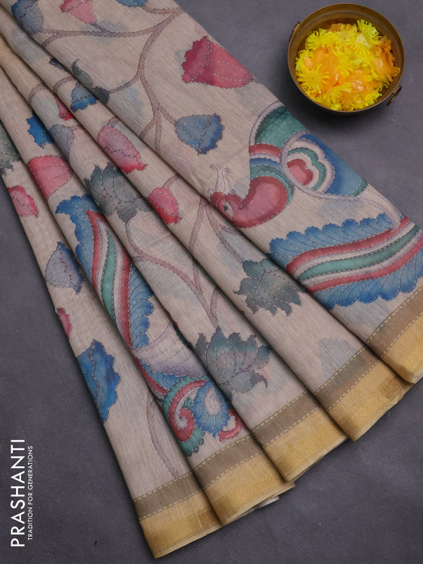 Art linen saree sandal and beige with plain body and kalamkari printed pallu