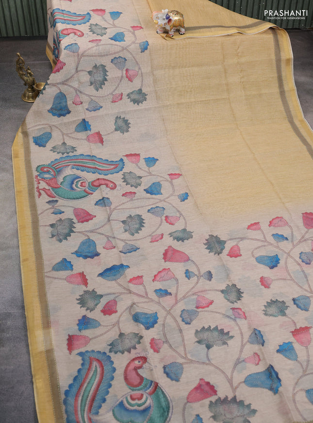 Art linen saree sandal and beige with plain body and kalamkari printed pallu