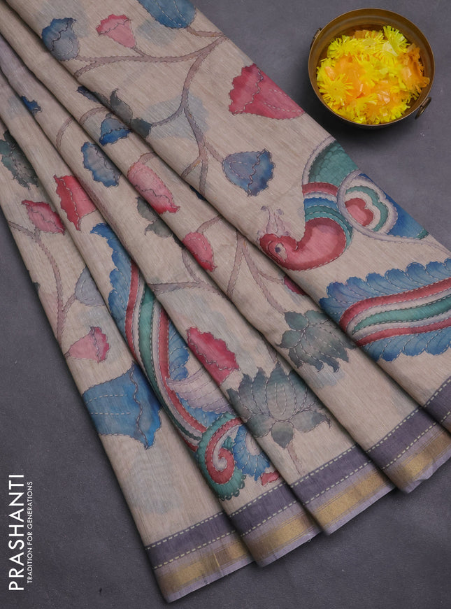Art linen saree grey and beige with plain body and kalamkari printed pallu