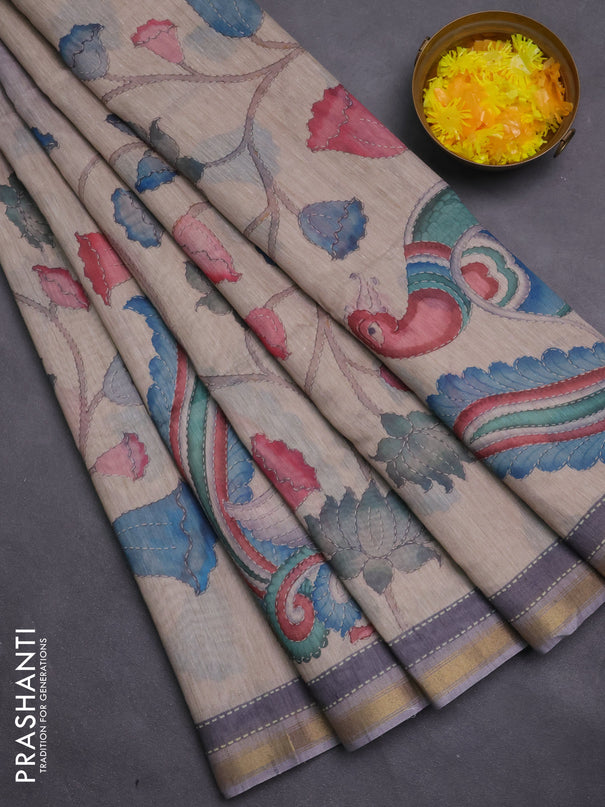 Art linen saree grey and beige with plain body and kalamkari printed pallu