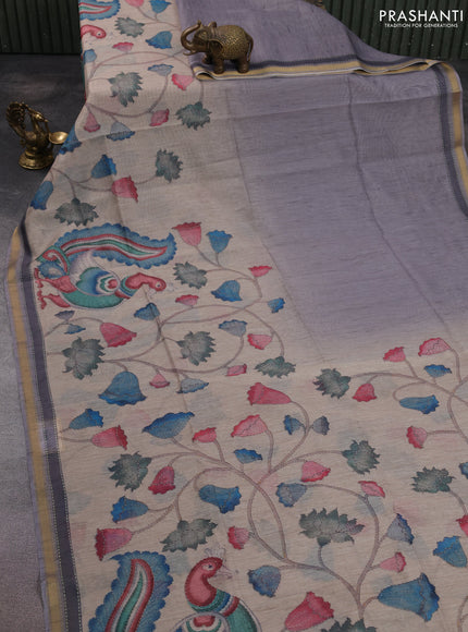 Art linen saree grey and beige with plain body and kalamkari printed pallu