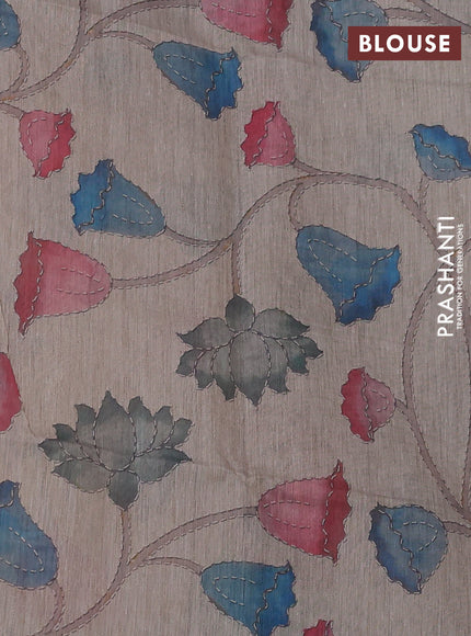 Art linen saree grey and beige with plain body and kalamkari printed pallu