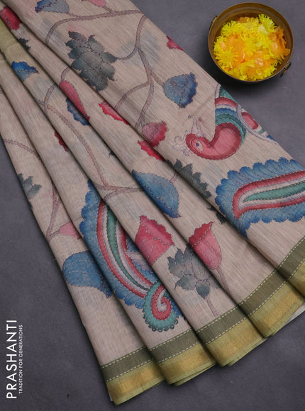 Art linen saree light green and beige with plain body and kalamkari printed pallu