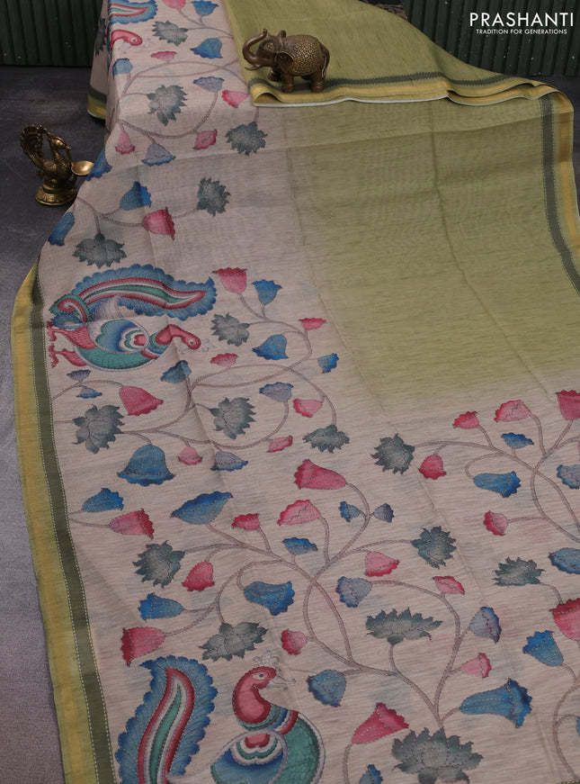 Art linen saree light green and beige with plain body and kalamkari printed pallu